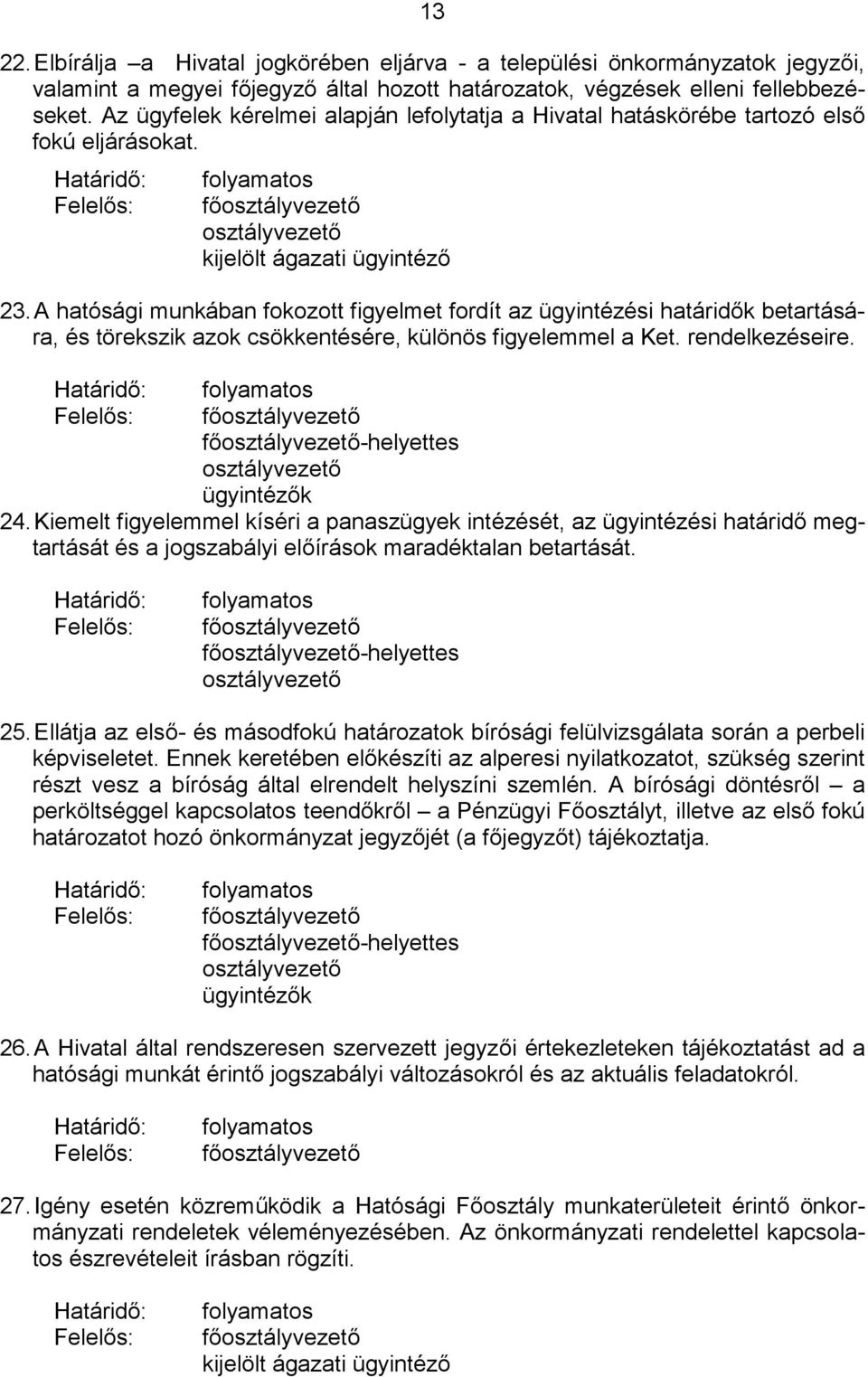 A hatósági munkában fokozott figyelmet fordít az ügyintézési határidők betartására, és törekszik azok csökkentésére, különös figyelemmel a Ket. rendelkezéseire. -helyettes ügyintézők 24.