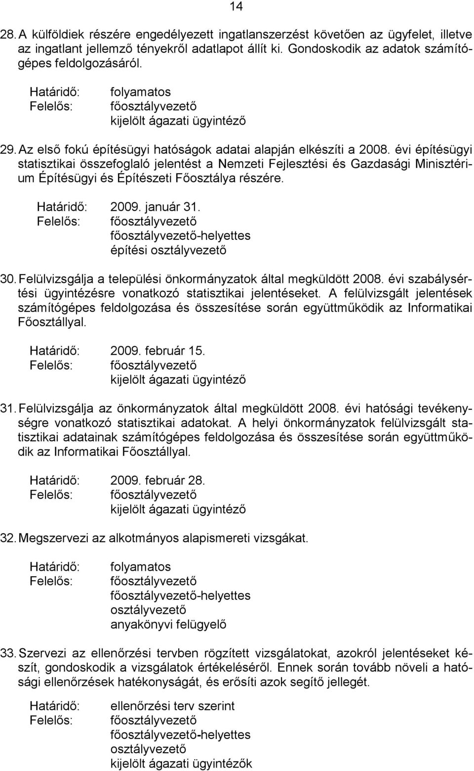 évi építésügyi statisztikai összefoglaló jelentést a Nemzeti Fejlesztési és Gazdasági Minisztérium Építésügyi és Építészeti Főosztálya részére. 2009. január 31. -helyettes építési 30.