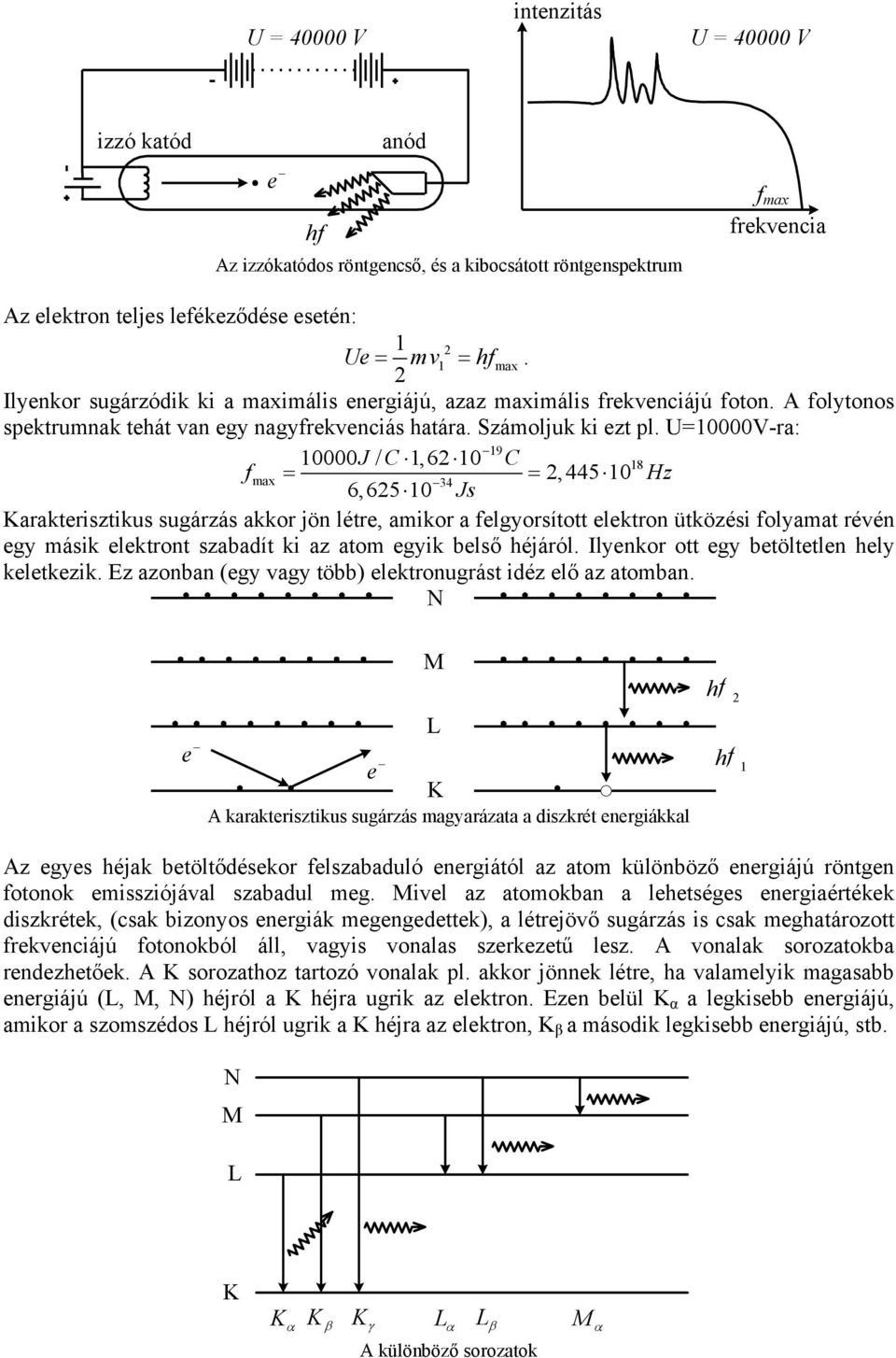 U=0000V-ra: 9 0000 J / C,6 0 C 8 fmax = =,445 0 Hz 34 6,65 0 Js Karakterisztikus sugárzás akkor jön létre, amikor a felgyorsított elektron ütközési folyamat révén egy másik elektront szabadít ki az