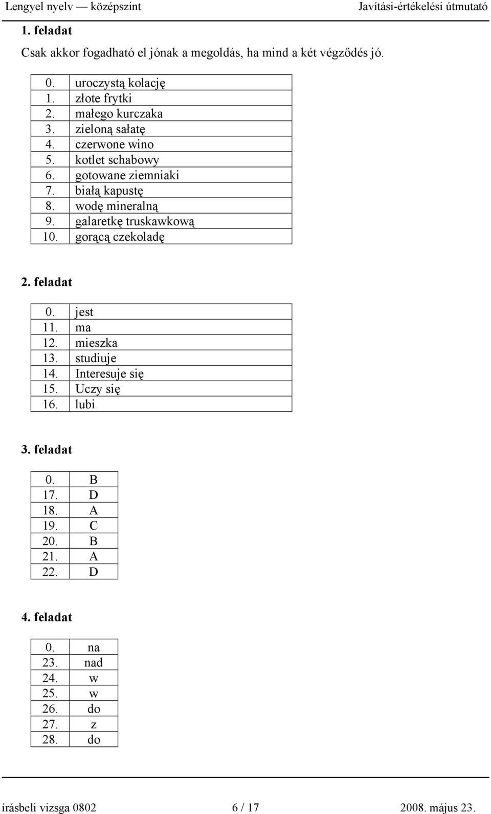 galaretkę truskawkową 10. gorącą czekoladę 2. feladat 0. jest 11. ma 12. mieszka 13. studiuje 14. Interesuje się 15. Uczy się 16.