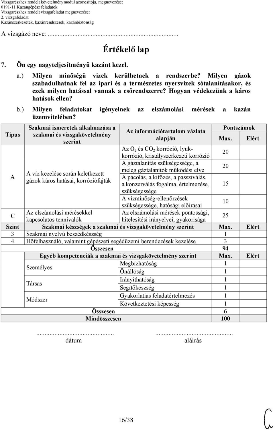 Milyen feladatokat igényelnek az elszámolási mérések a kazán üzemvitelében? Szakmai ismeretek alkalmazása a szakmai és vizsgakövetelmény szerint Az információtartalom vázlata alapján Pontszámok Max.