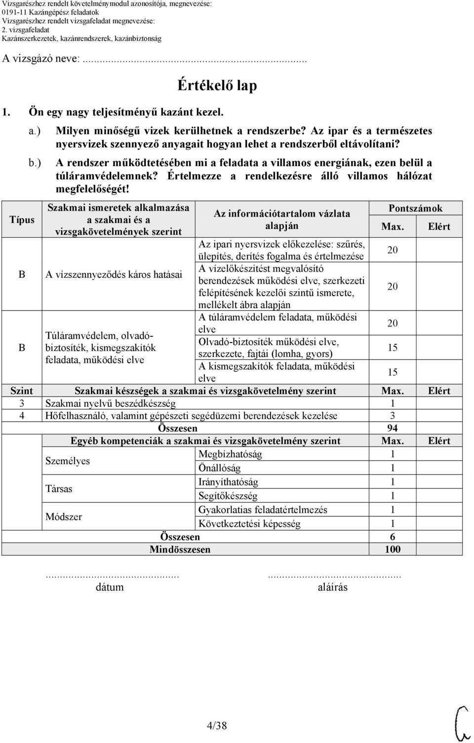 Értelmezze a rendelkezésre álló villamos hálózat megfelelőségét! Szakmai ismeretek alkalmazása a szakmai és a vizsgakövetelmények szerint Az információtartalom vázlata alapján Pontszámok Max.