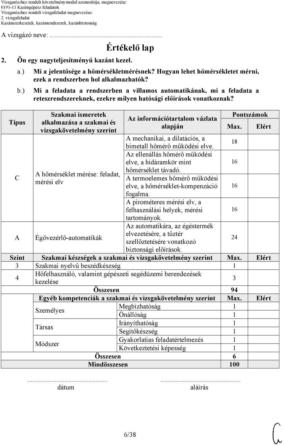 Szakmai ismeretek alkalmazása a szakmai és vizsgakövetelmény szerint Az információtartalom vázlata alapján Pontszámok Max. Elért A mechanikai, a dilatációs, a bimetall hőmérő működési elve.