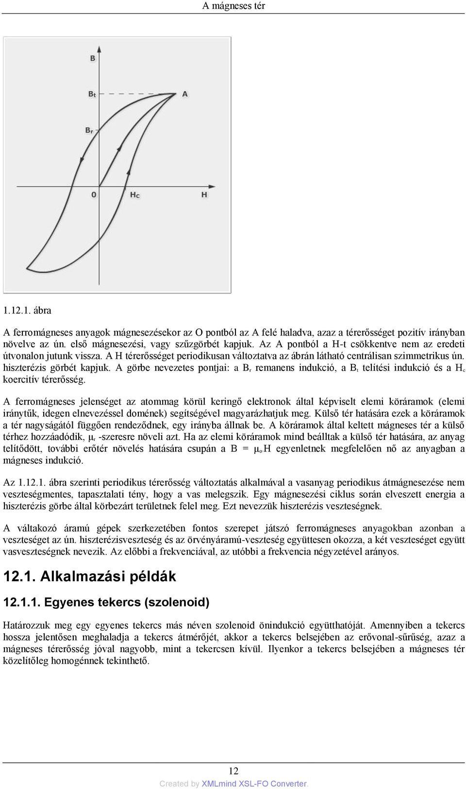 A görbe nevezetes pontjai: a B r remanens indukció, a B t telítési indukció és a H c koercitív térerősség.