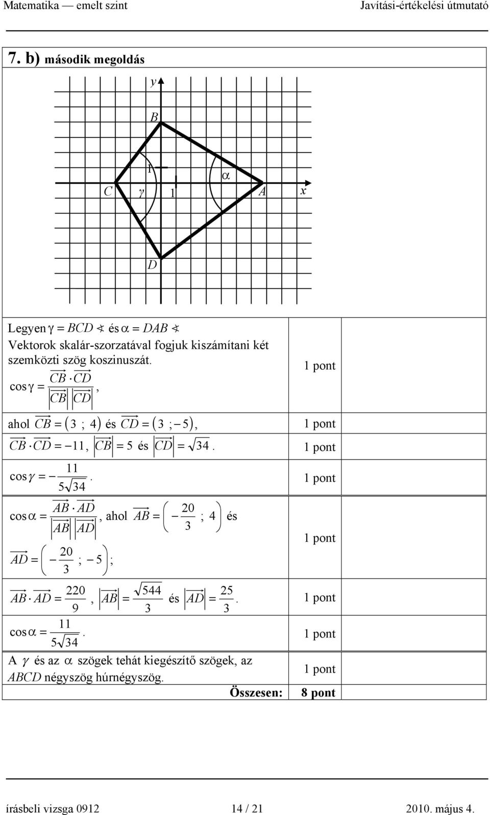 11 cosγ =. 5 AB AD 0 cos α =, ahol AB = ; és AB AD 0 AD = ; 5 ; 0 5 5 AB AD =, AB = és AD =. 9 11 cos α =.