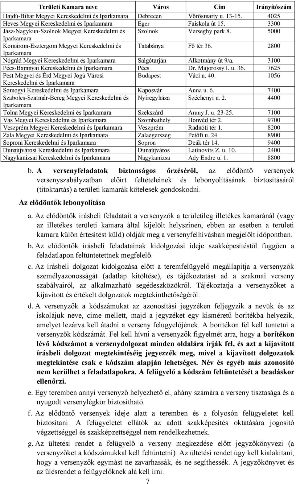 2800 Iparkamara Nógrád Megyei Kereskedelmi és Iparkamara Salgótarján Alkotmány út 9/a. 3 Pécs-Baranyai Kereskedelmi és Iparkamara Pécs Dr. Majorossy I. u. 36.