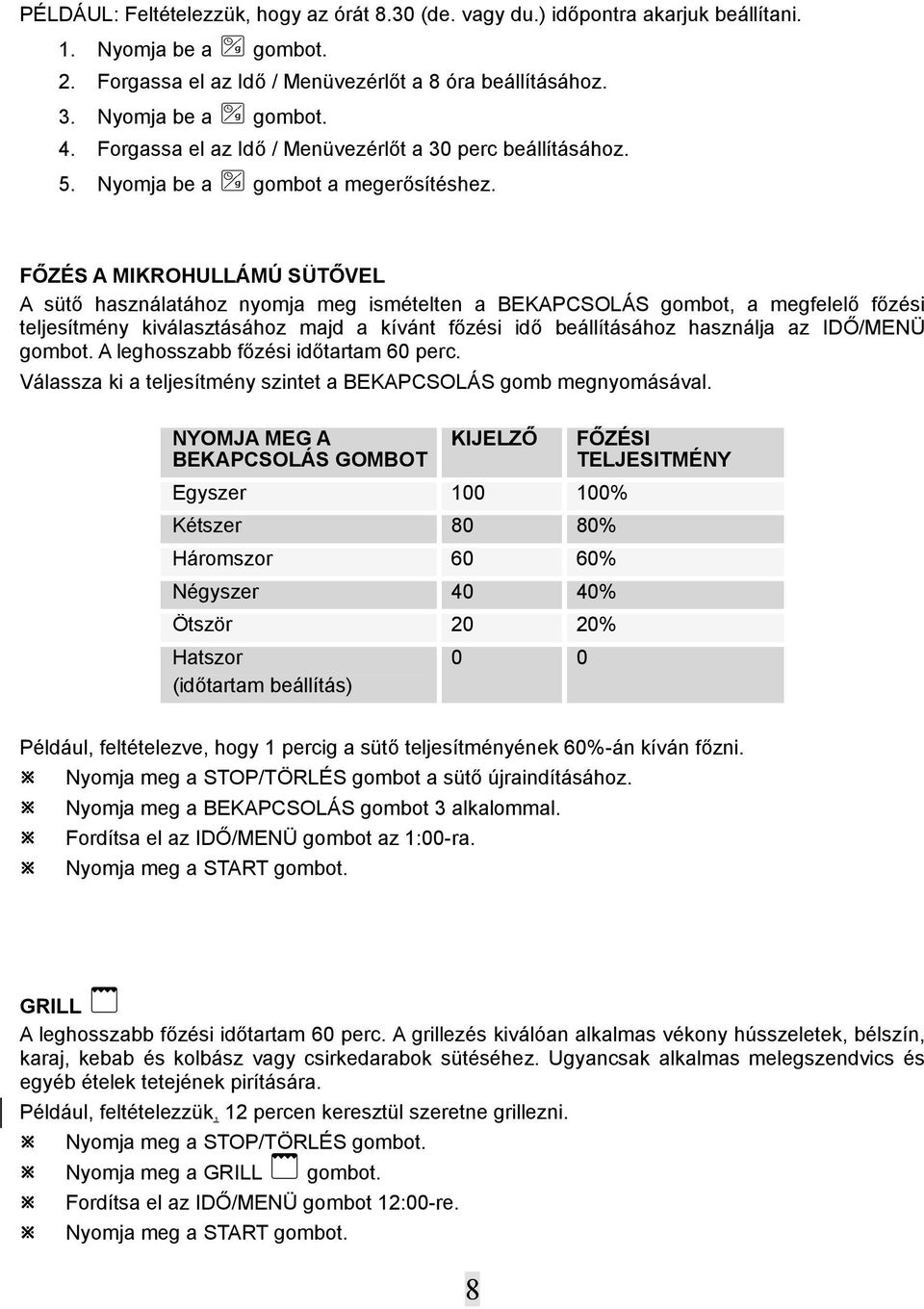 FŐZÉS A MIKROHULLÁMÚ SÜTŐVEL A sütő használatához nyomja meg ismételten a BEKAPCSOLÁS gombot, a megfelelő főzési teljesítmény kiválasztásához majd a kívánt főzési idő beállításához használja az