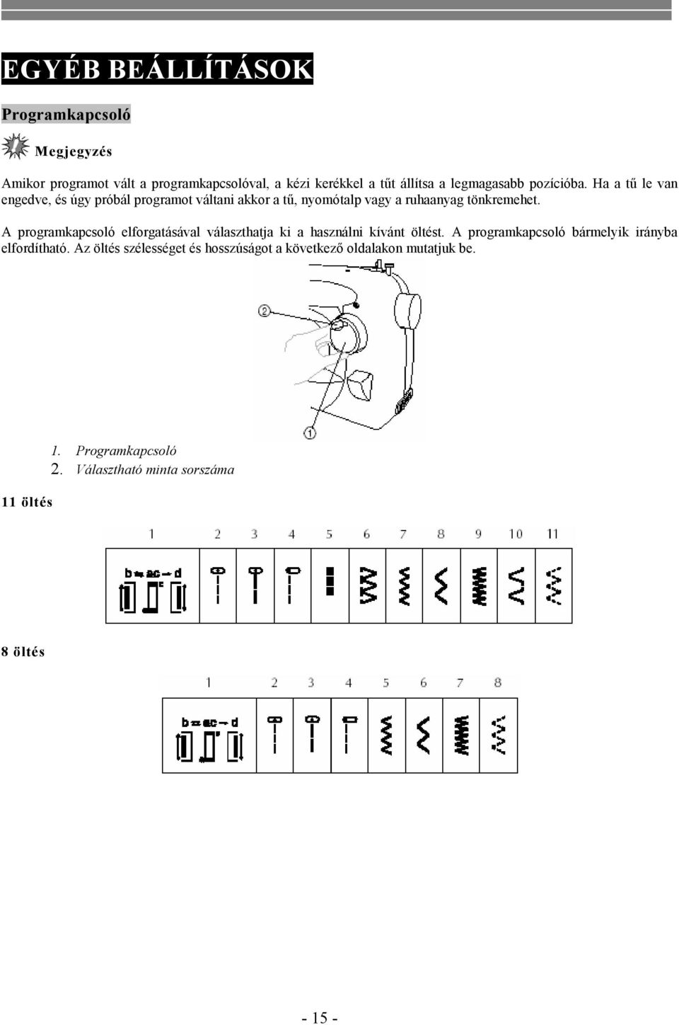 A programkapcsoló elforgatásával választhatja ki a használni kívánt öltést. A programkapcsoló bármelyik irányba elfordítható.