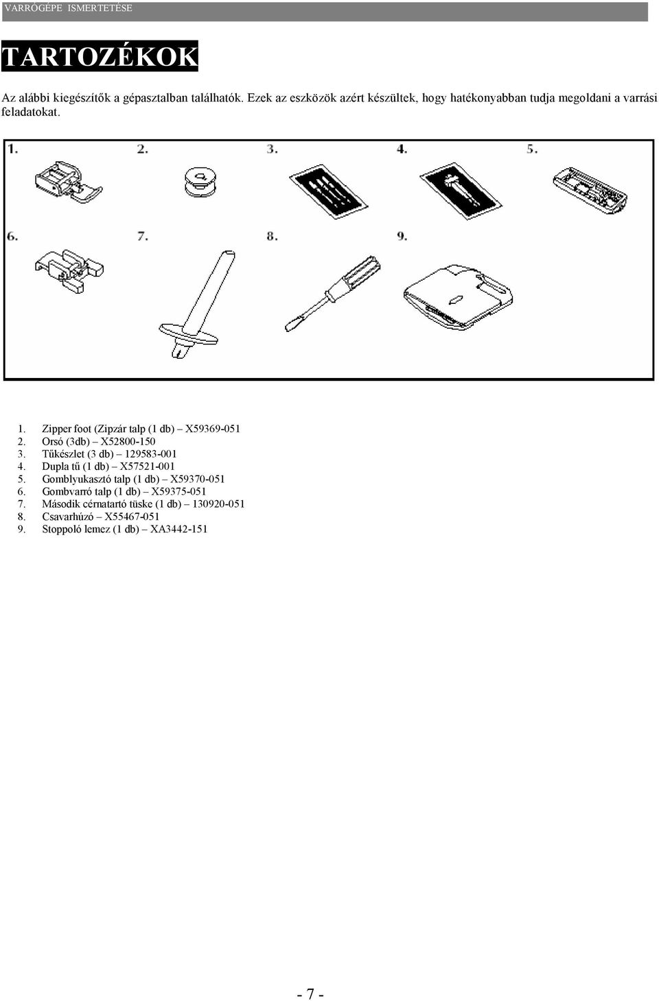 Zipper foot (Zipzár talp (1 db) X59369-051 2. Orsó (3db) X52800-150 3. Tűkészlet (3 db) 129583-001 4.