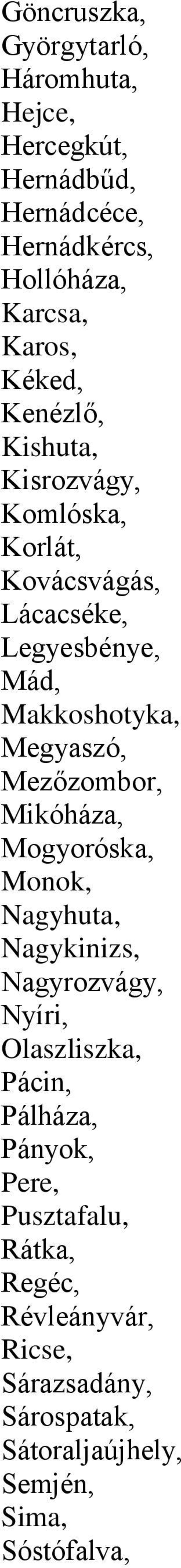 Megyaszó, Mezőzombor, Mikóháza, Mogyoróska, Monok, Nagyhuta, Nagykinizs, Nagyrozvágy, Nyíri, Olaszliszka, Pácin,