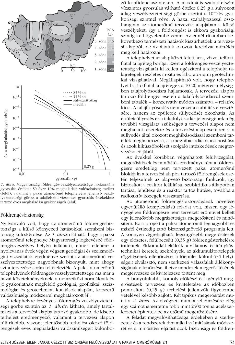 Magyarország földrengés-veszélyeztetettsége horizontális gyorsulás értékek 50 évre 10% meghaladási valószínûség mellett (felül), valamint a paksi atomerômû telephelyére jellemzô veszélyeztetettségi