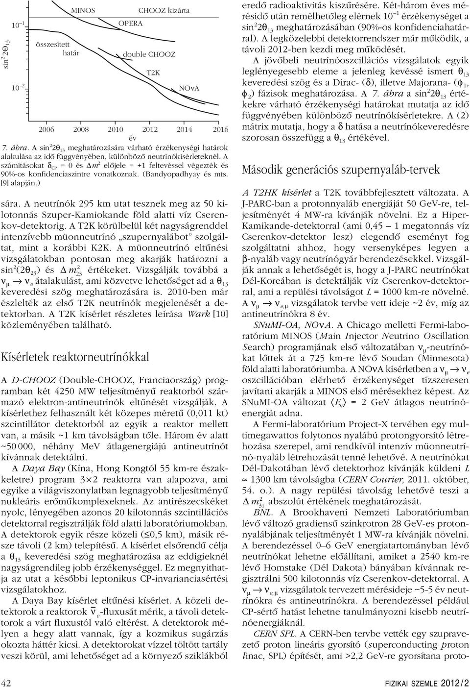 A számításokat δ CP =0ésΔm 2 elôjele = +1 feltevéssel végezték és 90%-os konfidenciaszintre vonatkoznak. (Bandyopadhyay és mts. [9] alapján.) sára.