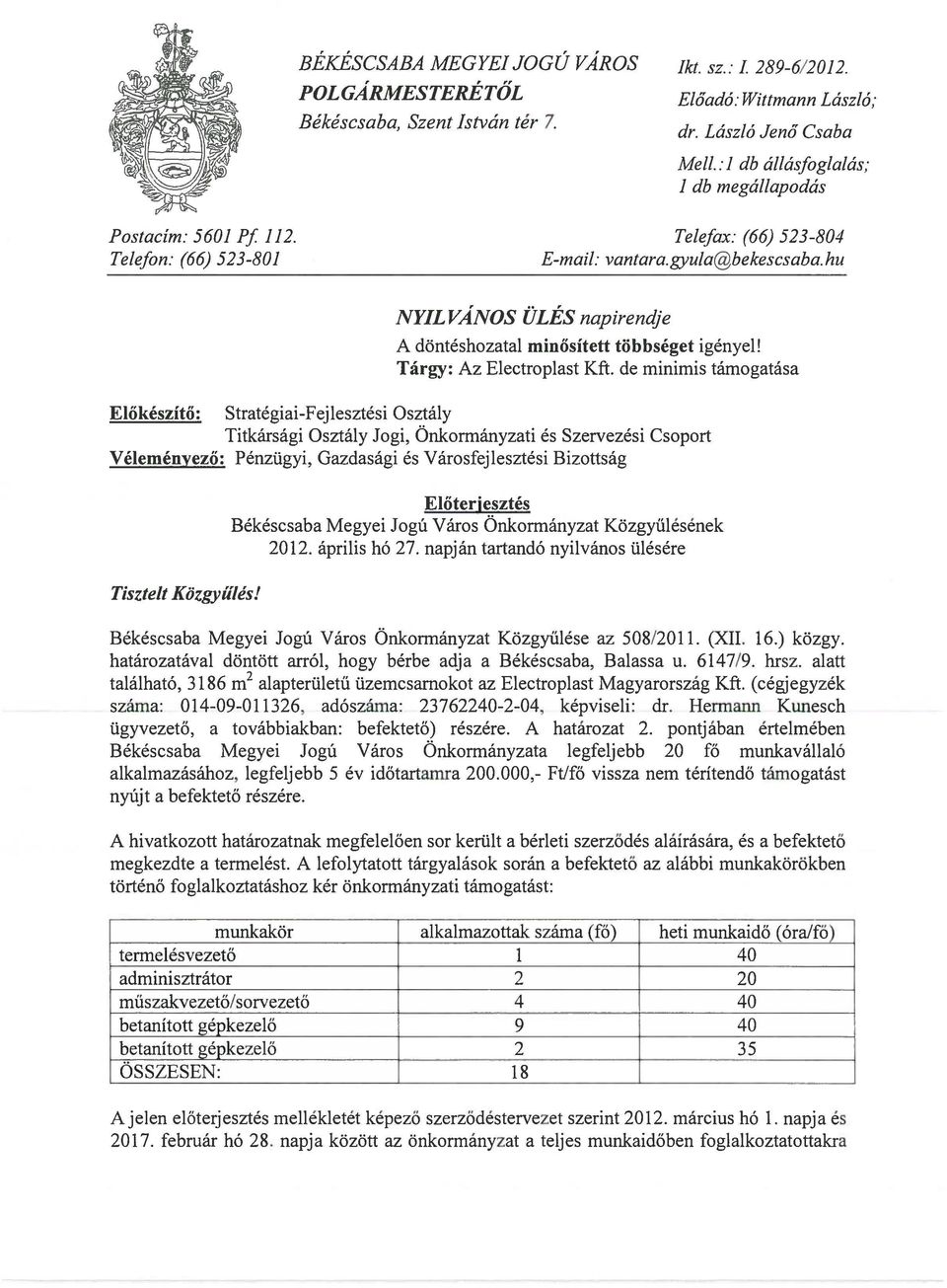 hu Előkészítő: Véleményező: NYILVÁNOS ÜLÉS napirendje A döntéshozatal minősített többséget igényel! Tárgy: Az Electropiast Kft.