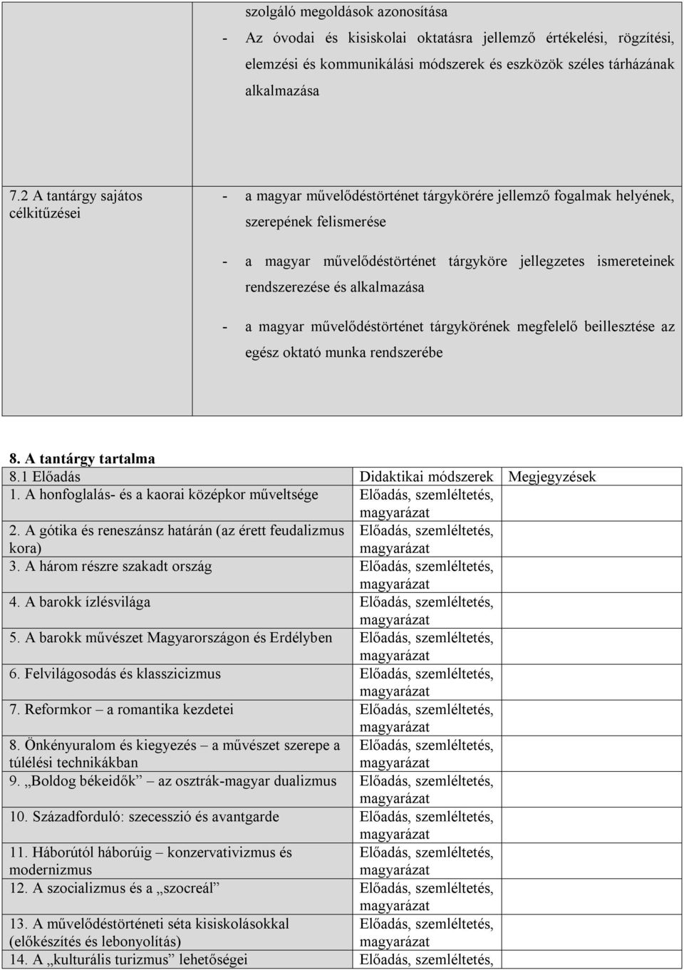 rendszerezése és alkalmazása - a magyar művelődéstörténet tárgykörének megfelelő beillesztése az egész oktató munka rendszerébe 8. A tantárgy tartalma 8.1 Előadás Didaktikai módszerek Megjegyzések 1.