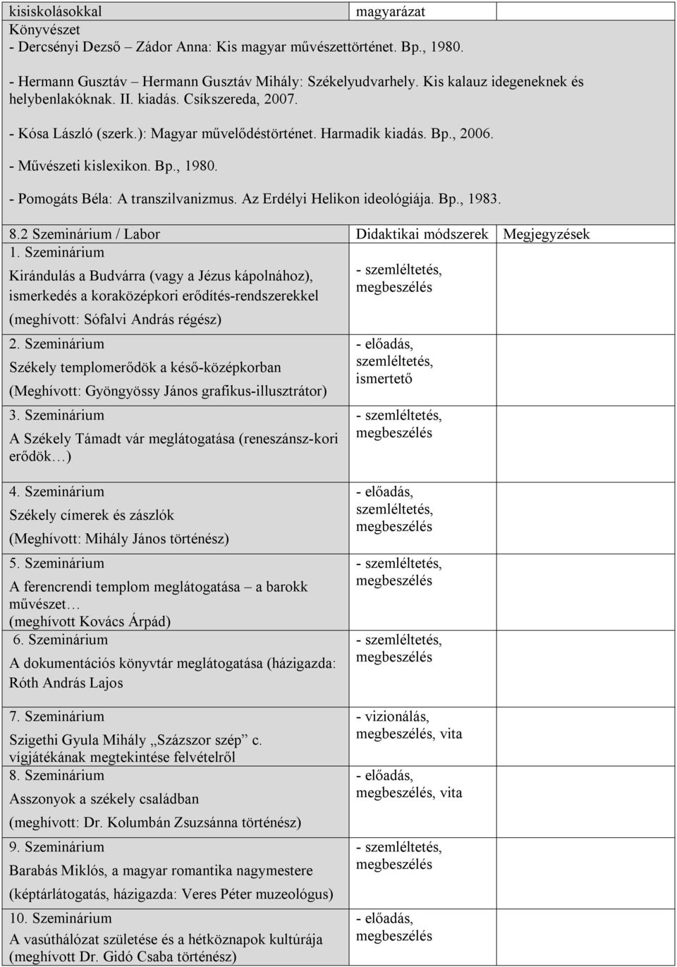 Az Erdélyi Helikon ideológiája. Bp., 1983. 8.2 Szeminárium / Labor Didaktikai módszerek Megjegyzések 1.