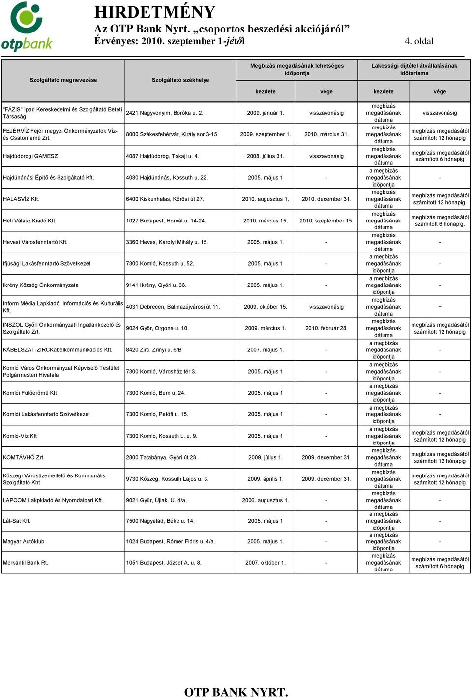 visszavonásig Hajdúnánási Építő és Szolgáltató Kft. 4080 Hajdúnánás, Kossuth u. 22. 2005. május 1 HALASVÍZ Kft. 6400 Kiskunhalas, Kőrösi út 27. 2010. augusztus 1. 2010. december 31.