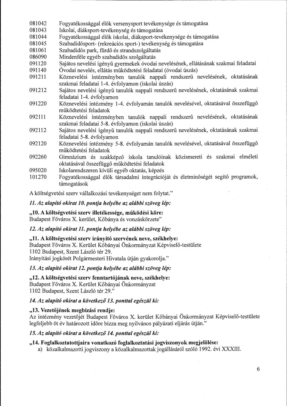 nevelési igényű gyermekek óvodai nevelésének, ellátásának szakmai feladatai Óvodai nevelés, ellátás működtetési feladatai ( óvodai úszás) 091211 Köznevelési intézményben tanulók nappali rendszerű