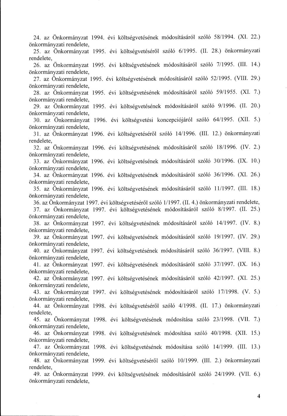 (XI. 7.) 29. az Önkrmányzat 1995. évi költségvetésének módsításáról szóló 9/1996. (II. 20.) 30. az Önkrmányzat 1996. évi költségvetési kncepciójáról szóló 64/1995. (XII. 5.) 31. az Önkrmányzat 1996. évi költségvetéséről szóló 14/1996.