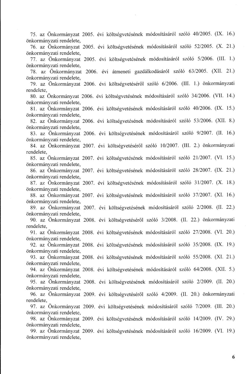 az Önkrmányzat 2006. évi költségvetésének módsításáról szóló 34/2006. (VII. 14.) 81. az Önkrmányzat 2006. évi költségvetésének módsításáról szóló 40/2006. (IX. 15.) 82. az Önkrmányzat 2006. évi költségvetésének módsításáról szóló 53/2006.