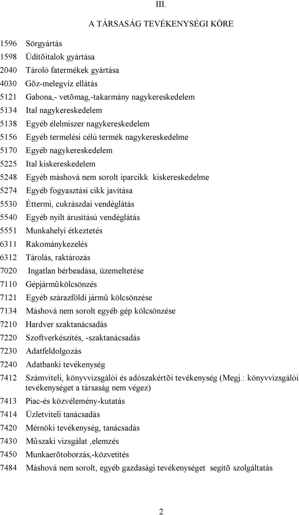 Egyéb nagykereskedelem 5225 Ital kiskereskedelem 5248 Egyéb máshová nem sorolt iparcikk kiskereskedelme 5274 Egyéb fogyasztási cikk javítása 5530 Éttermi, cukrászdai vendéglátás 5540 Egyéb nyílt