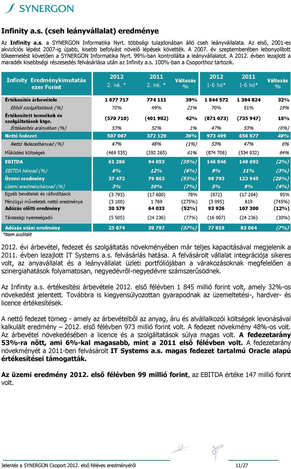 99%-ban kontrollálta a leányvállalatot. A 2012. évben lezajlott a maradék kisebbségi részesedés felvásárlása után az Infinity a.s. 100%-ban a Csoporthoz tartozik. 2012. évi árbevétel, fedezet és szolgáltatás növekményében már teljes kapacitásával megjelenik a 2011.