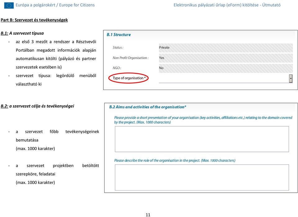 automatikusan kitölti (pályázó és partner szervezetek esetében is) - szervezet típusa: legördülő menüből