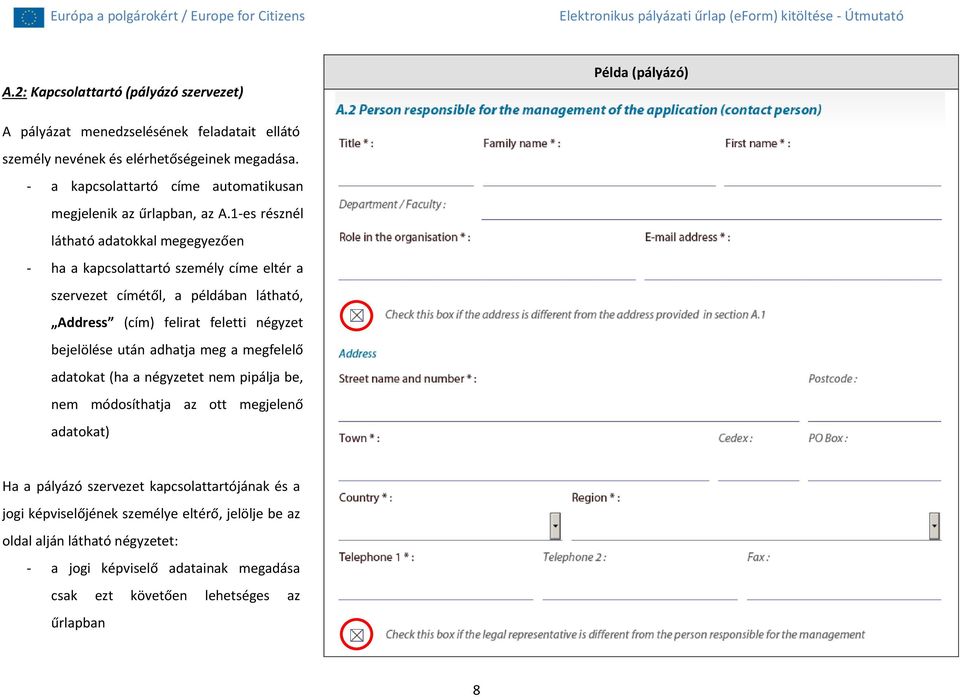 1-es résznél látható adatokkal megegyezően - ha a kapcsolattartó személy címe eltér a szervezet címétől, a példában látható, Address (cím) felirat feletti négyzet bejelölése