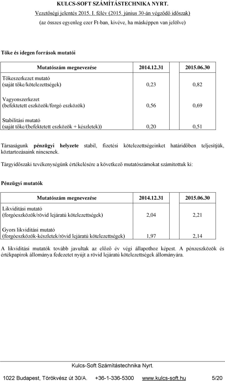 0,51 Társaságunk pénzügyi helyzete stabil, fizetési kötelezettségeinket határidőben teljesítjük, köztartozásaink nincsenek.