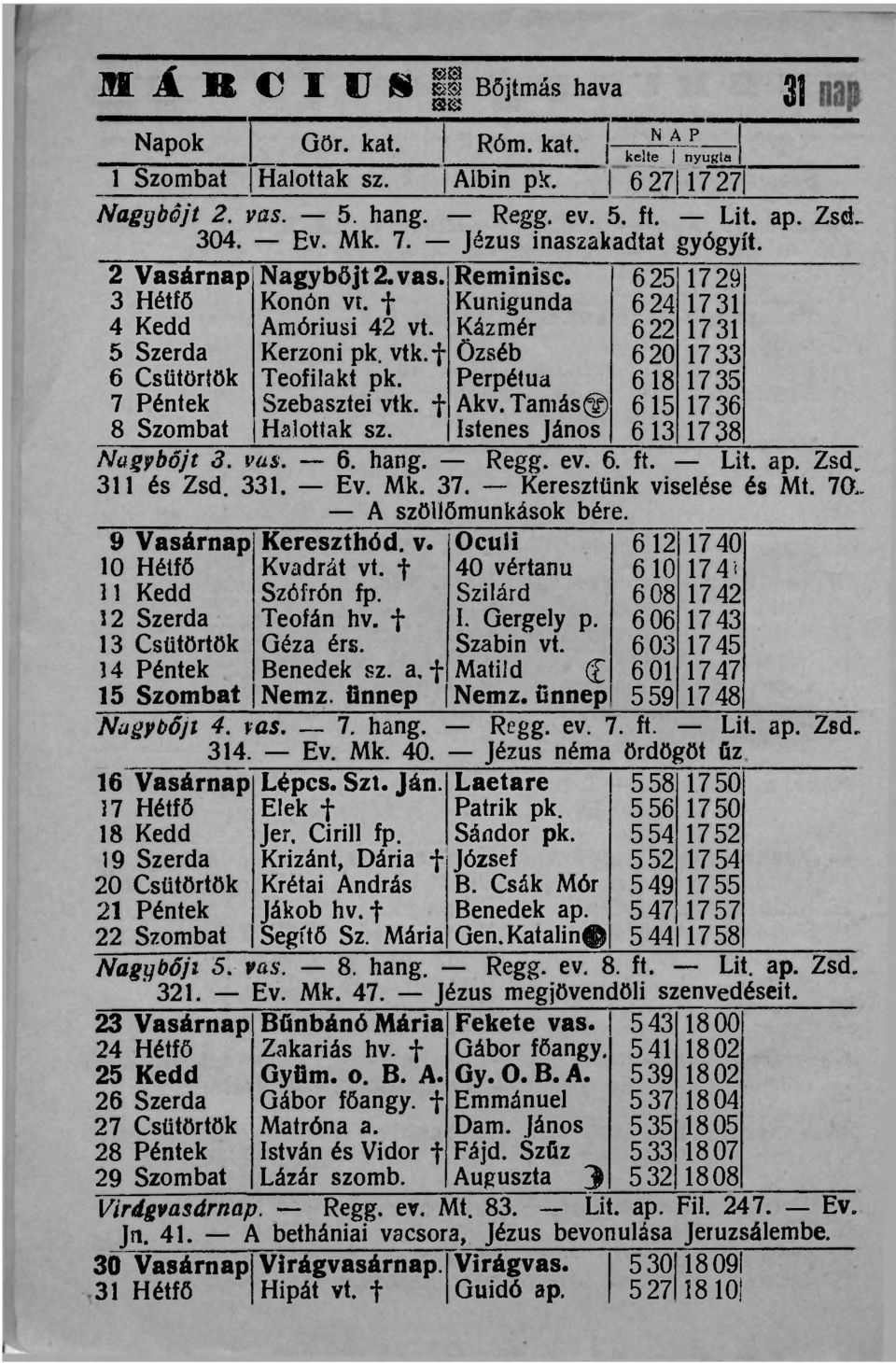 f Halottak sz. Reminisc. Kunigunda Kázmér Özséb Perpétua Akv. Tamás Istenes János 625 624 622 620 618 615 613 1729 1731 1731 1733 1735 1736 1738 Nagyböjt 3. vas. 6. hang. Regg. ev. 6. ft. Lit. ap.