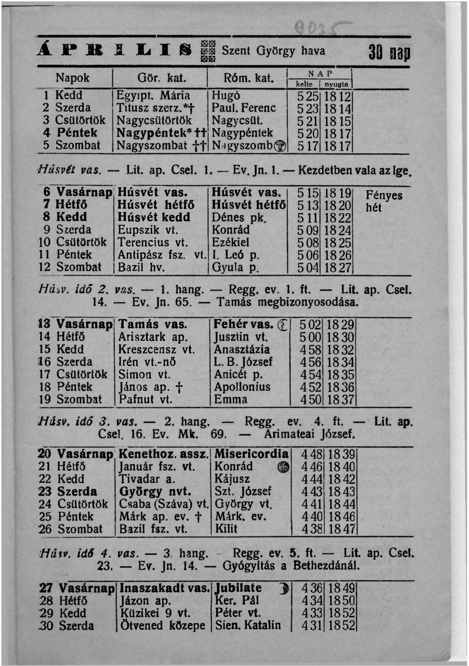 6 Vasárnap 7 Hétfő 8 Kedd 9 Szerda 10 Csütörtök 11 Péntek 12 Szombat tíáiv. 13 Vasárnap 14 Hétfő 15 Kedd S6 Szerda 17 Csütörtök 18 Péntek 19 Szombat Húsvét vas. Húsvét hétfő Húsvét kedd Eupszik vt.