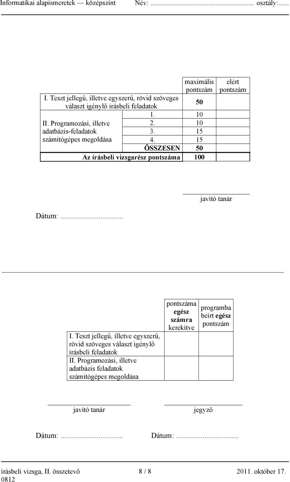 15 ÖSSZESEN 50 Az írásbeli vizsgarész pontszáma 100 elért pontszám javító tanár Dátum:.