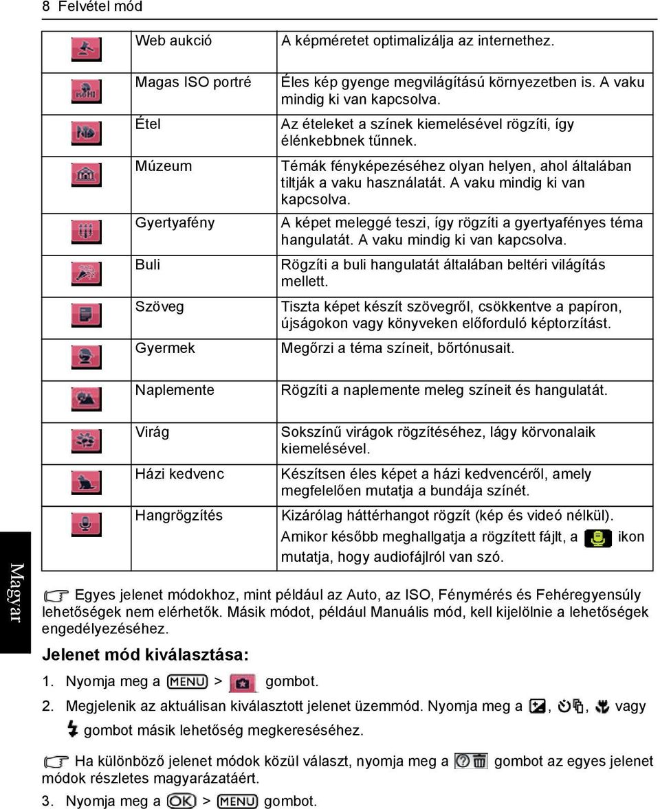 A vaku mindig ki van kapcsolva. A képet meleggé teszi, így rögzíti a gyertyafényes téma hangulatát. A vaku mindig ki van kapcsolva. Rögzíti a buli hangulatát általában beltéri világítás mellett.