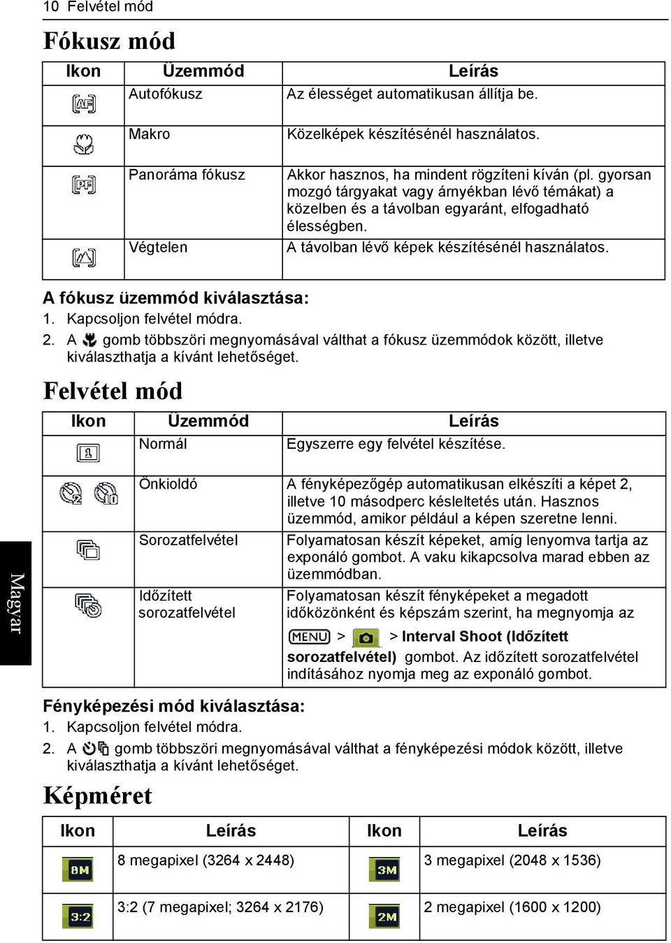 A távolban lévő képek készítésénél használatos. A fókusz üzemmód kiválasztása: 1. Kapcsoljon felvétel módra. 2.