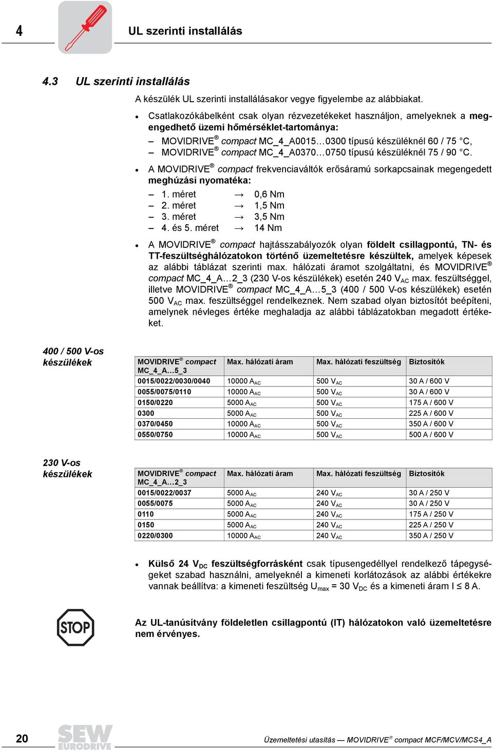 MC_4_A0370 0750 típusú készüléknél 75 / 90 C. A MOVIDRIVE compact frekvenciaváltók erősáramú sorkapcsainak megengedett meghúzási nyomatéka: 1. méret 0,6 Nm 2. méret 1,5 Nm 3. méret 3,5 Nm 4. és 5.