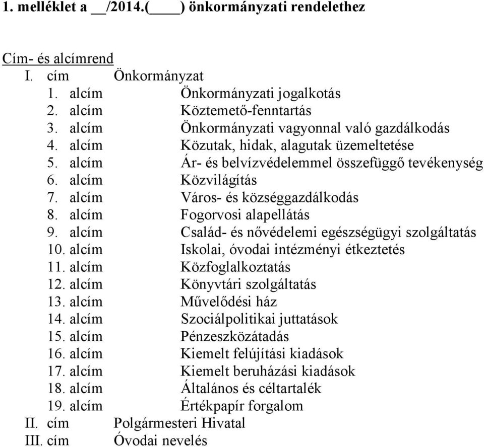 alcím Város- és községgazdálkodás 8. alcím Fogorvosi alapellátás 9. alcím Család- és nővédelemi egészségügyi szolgáltatás 10. alcím Iskolai, óvodai intézményi étkeztetés 11.