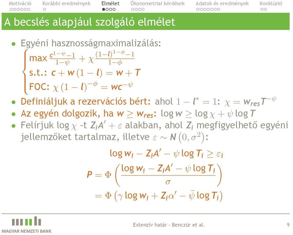 + ψ log T Felírjuk log χ -t Z i A + ε alakban, ahol Z i megfigyelhető egyéni jellemzőket tartalmaz, illetve ε N ( 0, σ 2) :