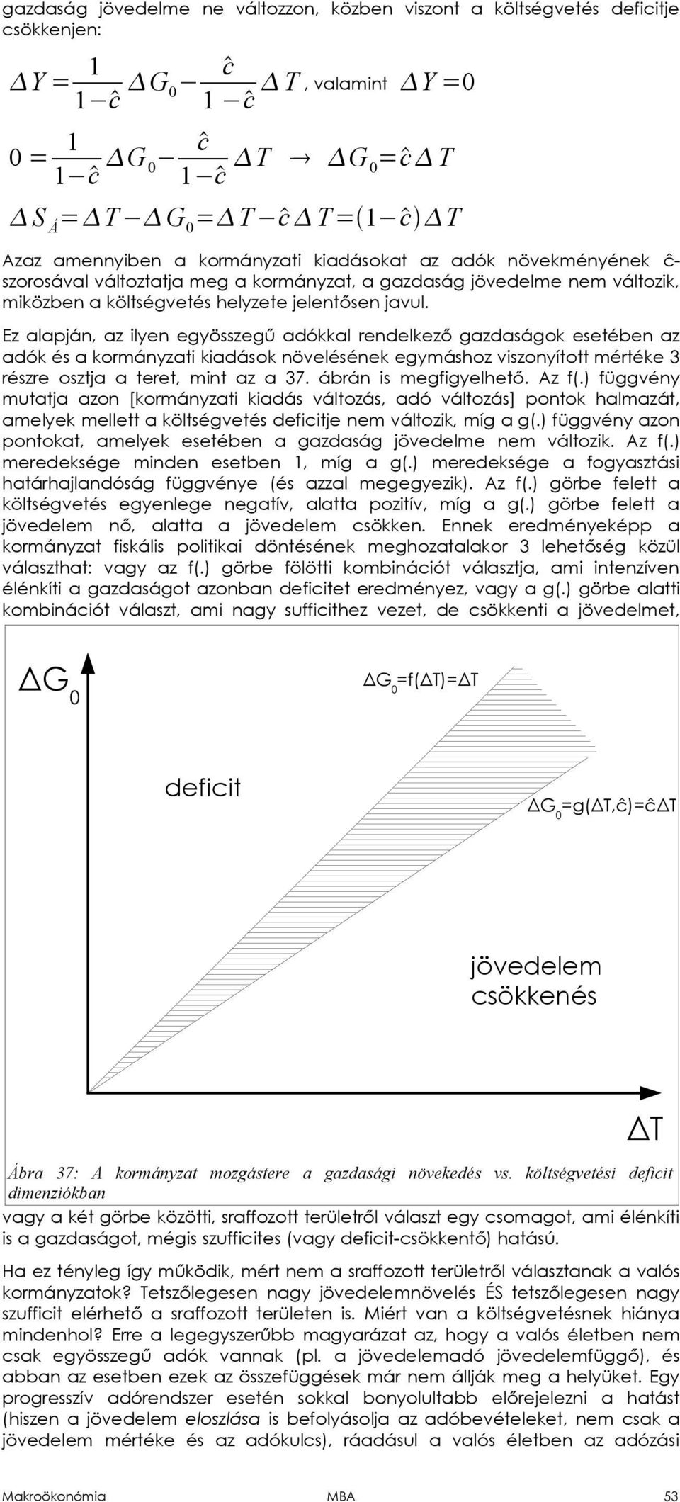 Ez alapján, az ilyen egyösszegű adókkal rendelkező gazdaságok esetében az adók és a kormányzati kiadások növelésének egymáshoz viszonyított mértéke 3 részre osztja a teret, mint az a 37.