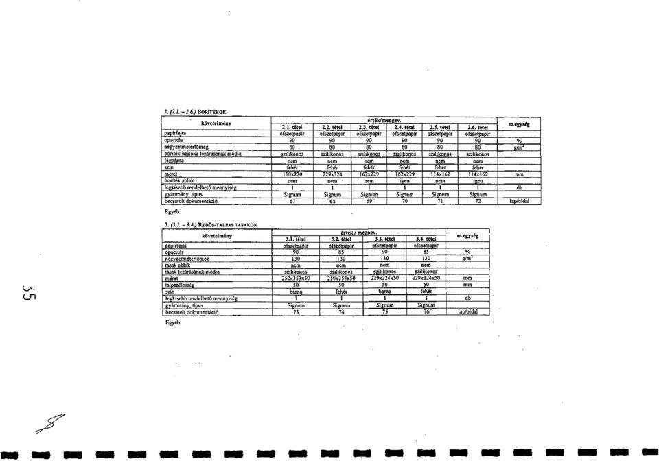 (3.. -3.4.) REDŐS-TALPAS TASAKOK papírfajta opacitás négyzetmétertömeg tasak ablak tasak lezárásának módja méret talpszélesség szin gyártmány, tipus 3.