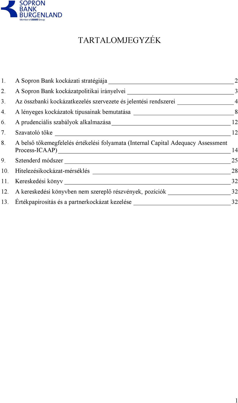 A prudenciális szabályok alkalmazása 12 7. Szavatoló tőke 12 8.