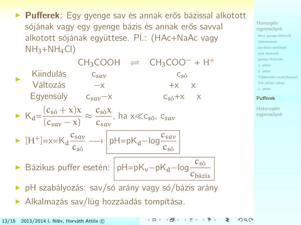 x)x (c sav x) c sóx c sav, ha x c só, c sav biner [H + ]=x=k d c sav c só ph=pk d log c sav c só Bázikus puffer esetén: ph=pk v pk d log