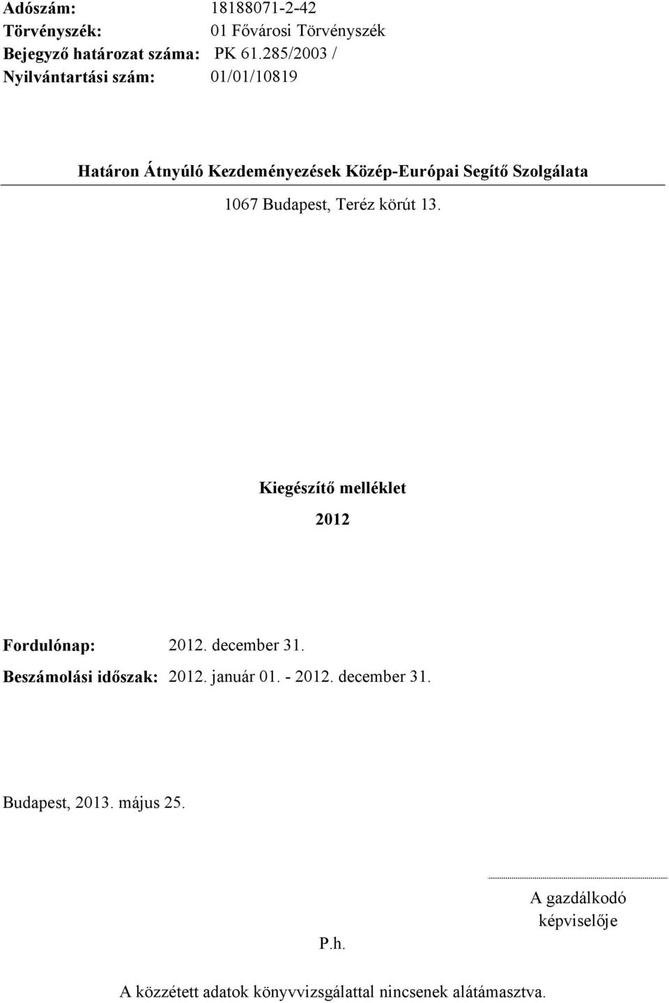 Budapest, Teréz körút 13. Kiegészítő melléklet 2012 Fordulónap: 2012. december 31. Beszámolási időszak: 2012.
