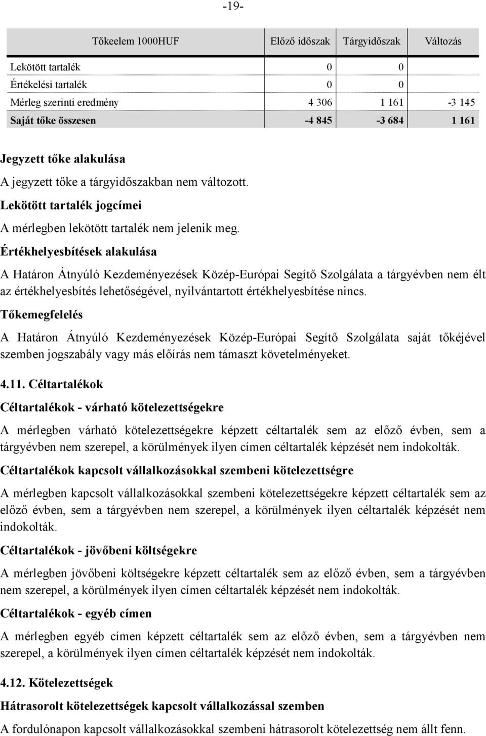 Értékhelyesbítések alakulása A Határon Átnyúló Kezdeményezések Közép-Európai Segítő Szolgálata a tárgyévben nem élt az értékhelyesbítés lehetőségével, nyilvántartott értékhelyesbítése nincs.