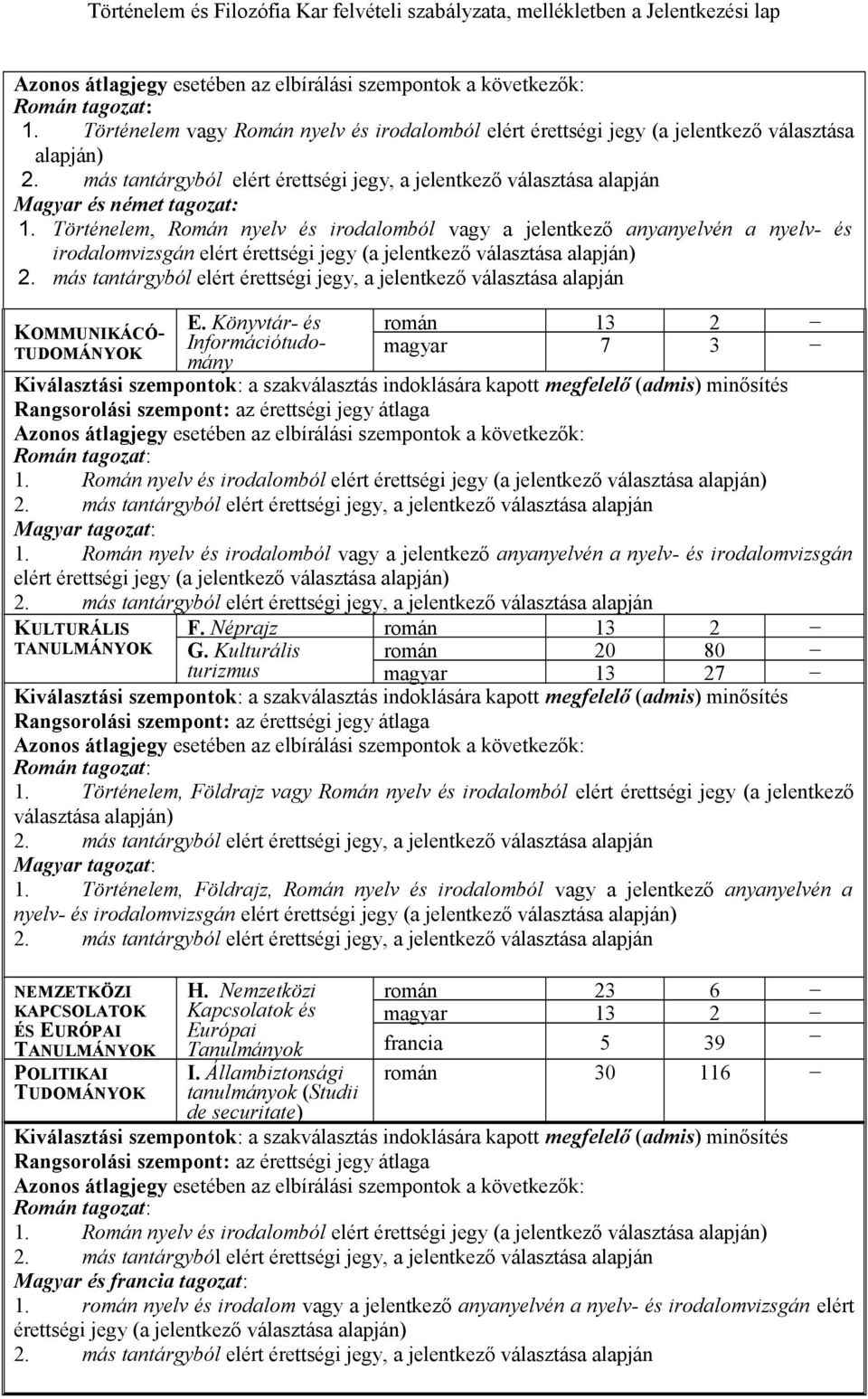 Történelem, Román nyelv és irodalomból vagy a jelentkező anyanyelvén a nyelv- és irodalomvizsgán elért érettségi jegy (a jelentkező választása alapján) KOMMUNIKÁCÓ- TUDOMÁNYOK E.