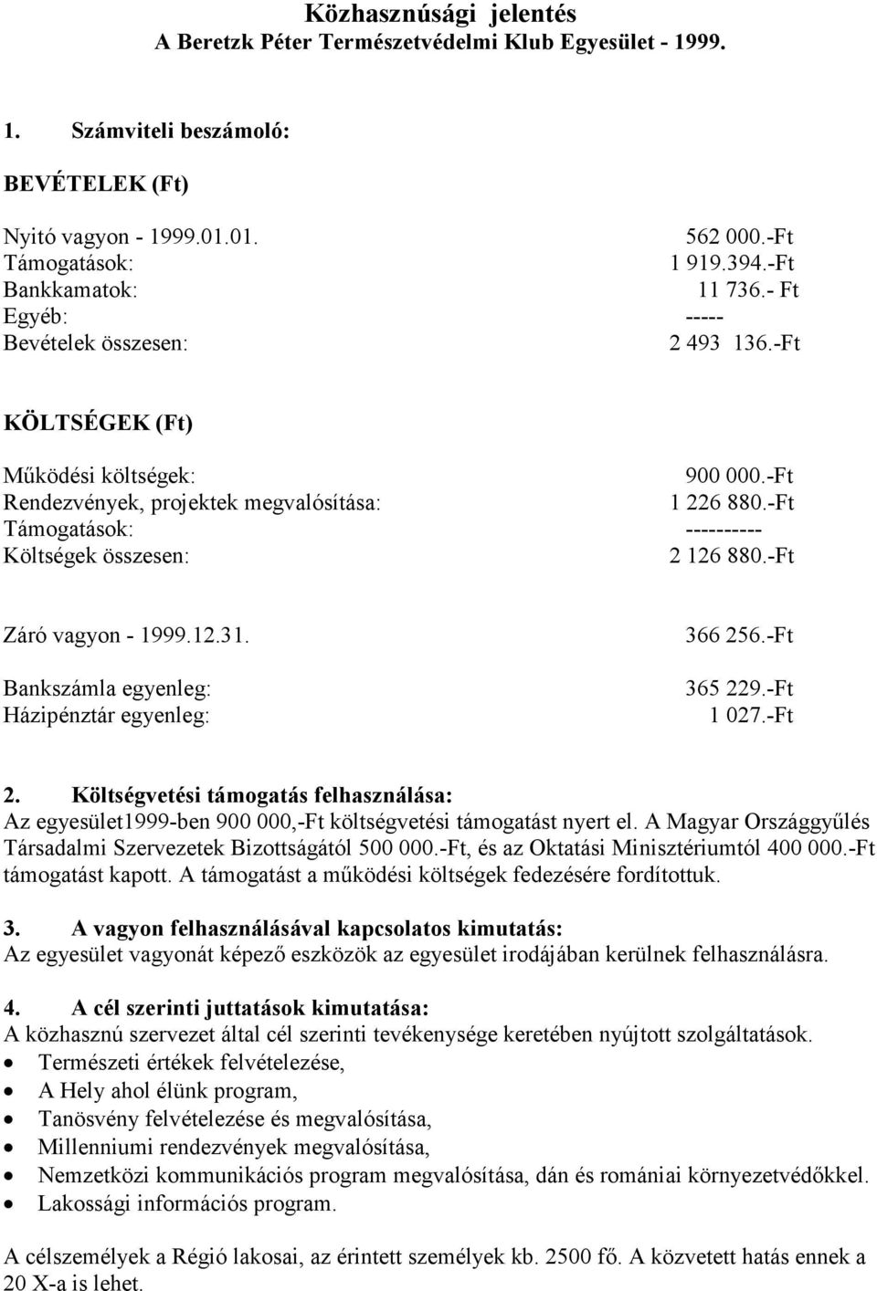 -Ft Támogatások: ---------- Költségek összesen: 2 126 880.-Ft Záró vagyon - 1999.12.31. Bankszámla egyenleg: Házipénztár egyenleg: 366 256.-Ft 365 229.-Ft 1 027.-Ft 2.