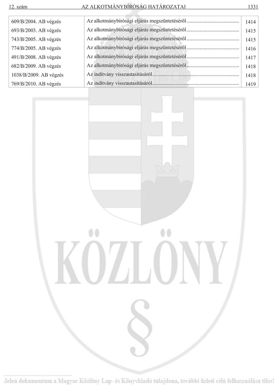 AB végzés Az sági eljárás megszüntetésérõl... 1416 491/B/2008. AB végzés Az sági eljárás megszüntetésérõl... 1417 682/B/2009.