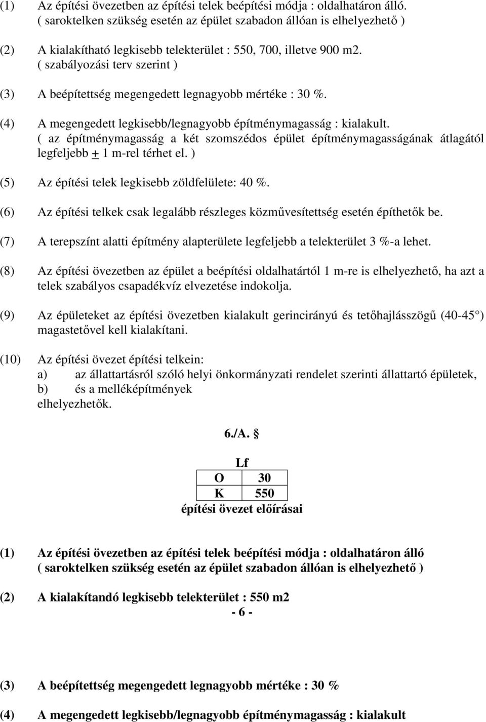 ( szabályozási terv szerint ) (3) A beépítettség megengedett legnagyobb mértéke : 30 %. (4) A megengedett legkisebb/legnagyobb építménymagasság : kialakult.