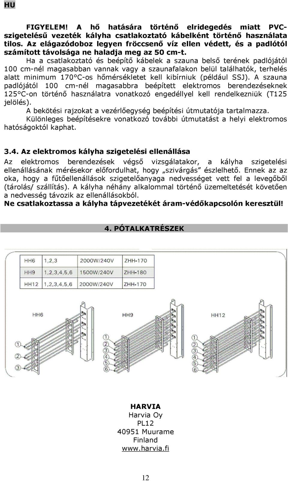 Ha a csatlakoztató és beépítő kábelek a szauna belső terének padlójától 100 cm-nél magasabban vannak vagy a szaunafalakon belül találhatók, terhelés alatt minimum 170 C-os hőmérsékletet kell