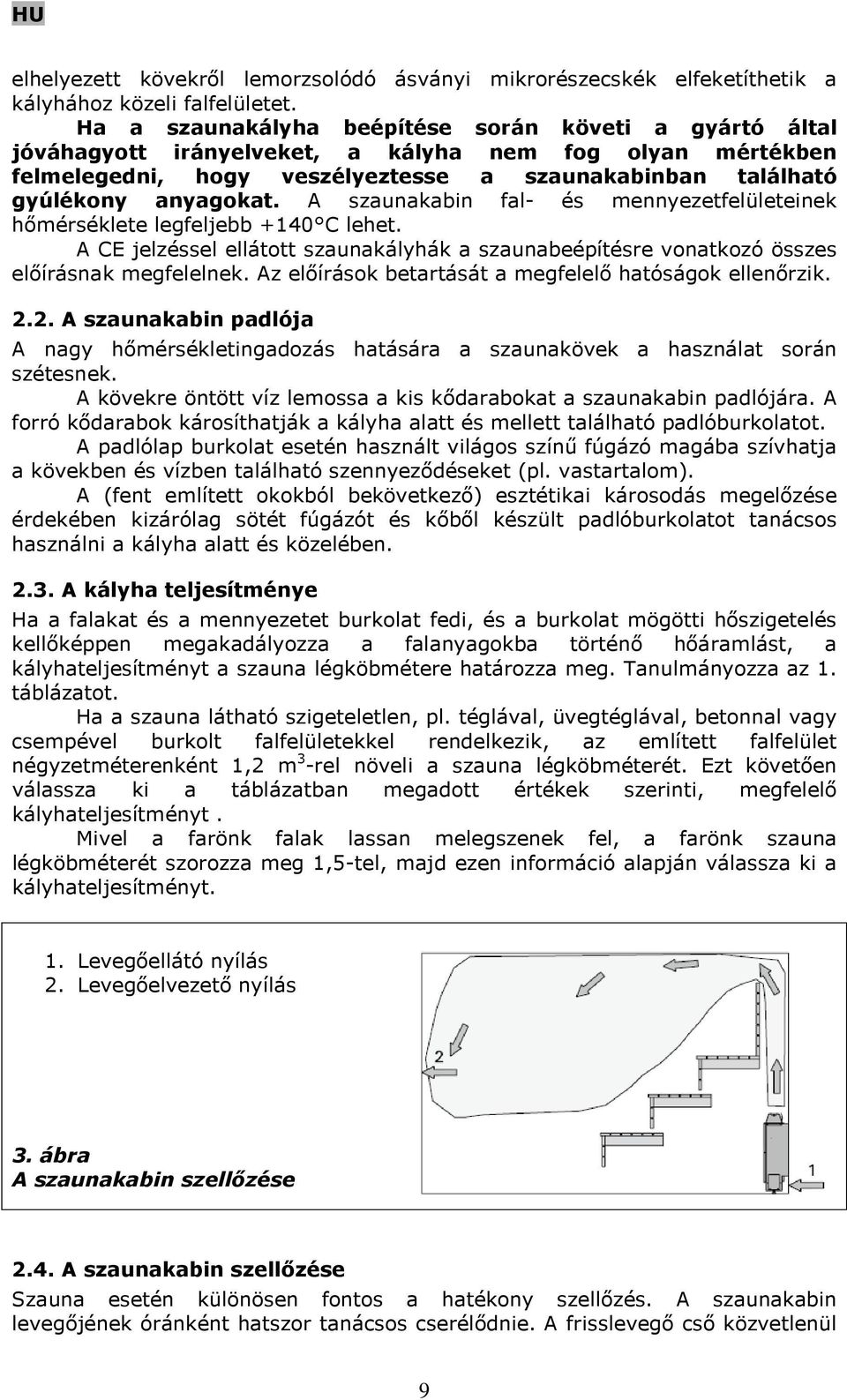 A szaunakabin fal- és mennyezetfelületeinek hőmérséklete legfeljebb +140 C lehet. A CE jelzéssel ellátott szaunakályhák a szaunabeépítésre vonatkozó összes előírásnak megfelelnek.