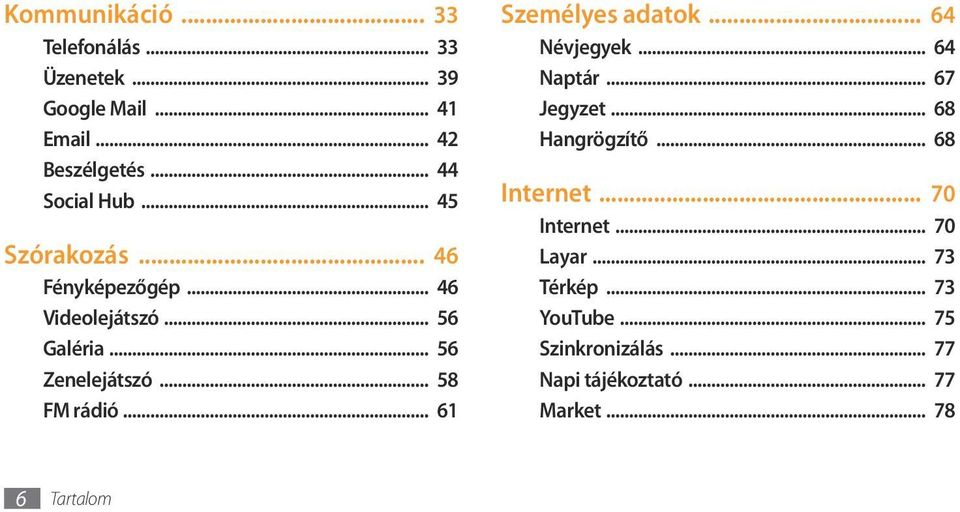 .. 61 Személyes adatok... 64 Névjegyek... 64 Naptár... 67 Jegyzet... 68 Hangrögzítő... 68 Internet.