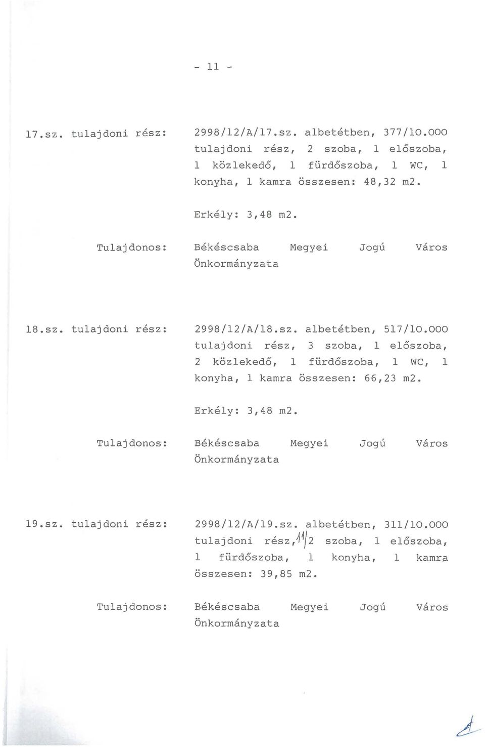 Tulajdonos: Békéscsaba Megyei Önkormányzata Jogú város 18.sz. tulajdoni rész: 2998/12/A/18.sz. albetétben, 517/10.